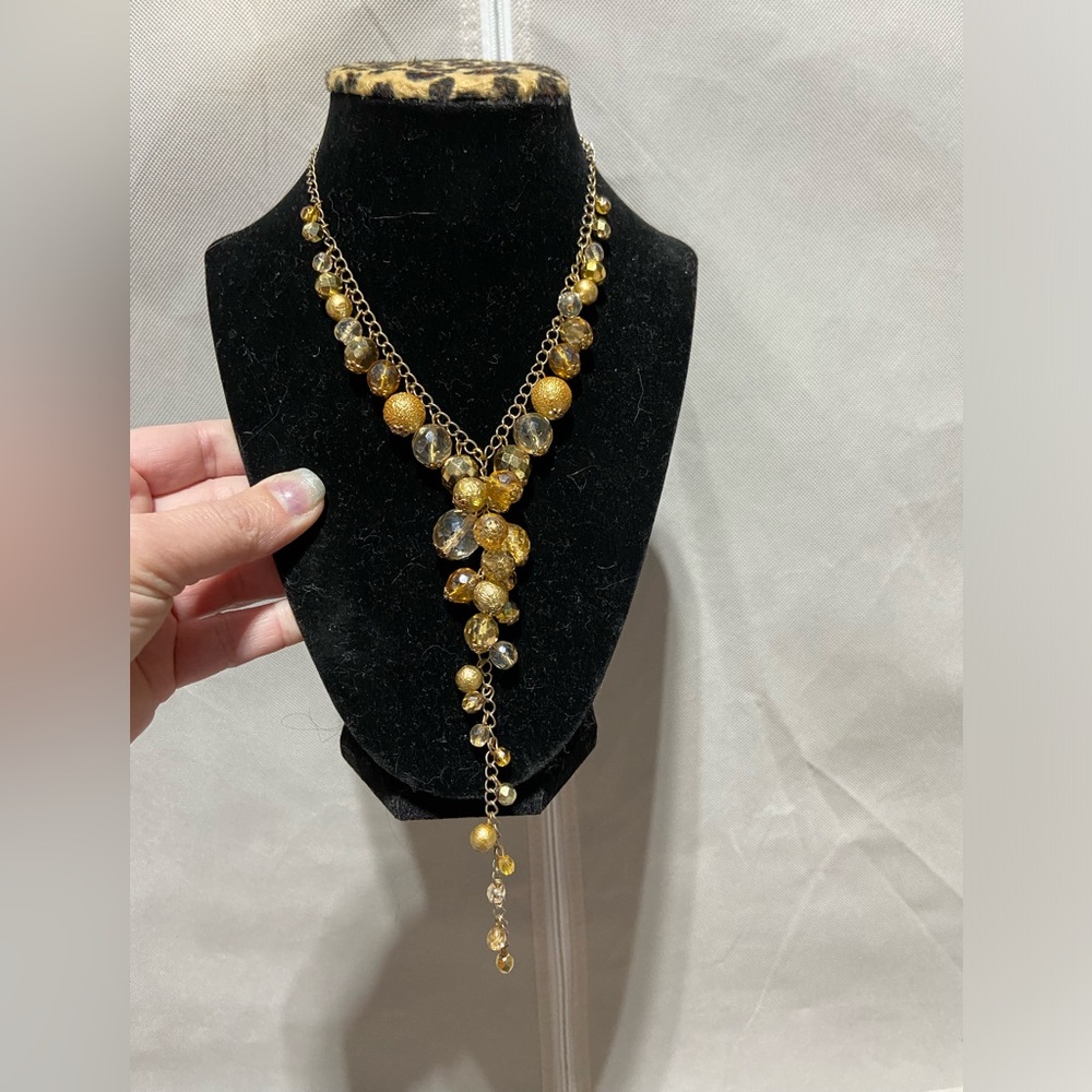 Vintage Gold Tone V-Neck Necklace With AB Beads, Gold Tone and Clear Beads